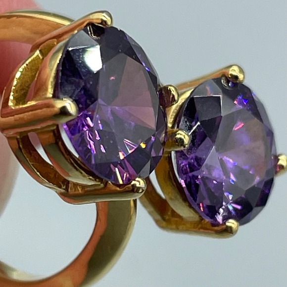Gold Tone Bypass Ring with Dual Round Purple Stones Size 6 Statement Jewelry - Picture 5 of 7